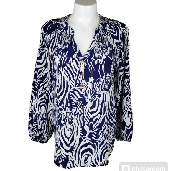Lilly Pulitzer Coastal 100% Silk Tunic Blouse Royal Blue White Swirl Size Small - Picture 1 of 16